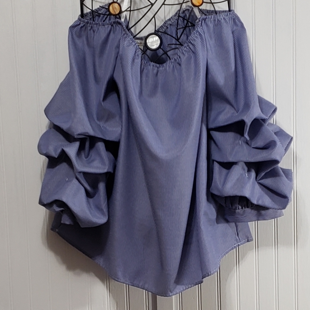 Bleuh Ciel/ L / Off the Shoulder Top / Blue, White Vertical Pin Stripe